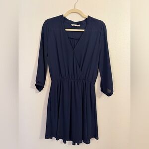 Lush Navy Blue Chiffon Faux Wrap Dress Size Medium 3/4 Sleeve